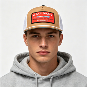 Gorra Trucker Unisex con Logotipo Personalizado, Malla Trasera Blanca y Marrón, Cierre a Presión, Parche, 5 Paneles, Estructurada, Tela Común, para Deportes al Aire Libre, Casual - Product Image 1