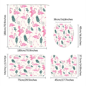Ensemble de salle de bain 4 pièces avec <span class=keywords><strong>rideau</strong></span> de douche en polyester imperméable à imprimé <span class=keywords><strong>flamant</strong></span> rose mignon personnalisé, tapis et couvercle de toilette - Product Image 2