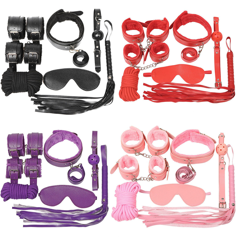 7pcs Set Bed Bondage Set Restraint Adult Game Belt Sex Handcuff Nipple Clamp Whip Collar Kit Sex Toy For Couple Sex Accessories