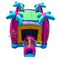 Château gonflable tropical accrocheur pour usage commercial, décoration de palmier, aire de jeux pour carnaval d'été et location de fête