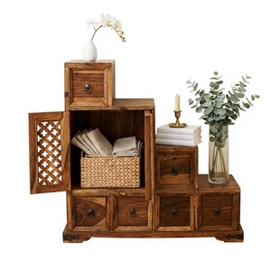 Armoire de rangement pour escalier en bois massif |   Commode à plusieurs tiroirs en bois de Sheesham artisanal avec portes sculptées en treillis |   Autonome et moderne - Product Image 5