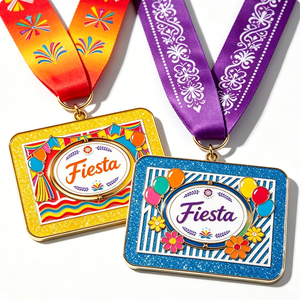 Medalla de Fiesta Rectangular de Aleación de Zinc Bañada en Oro con Esmalte Duro, Temática de Arte Folclórico para Fiestas de Cumpleaños, Premio con Cinta - Product Image 1