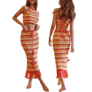 Nuovo Set in maglia con gonna a frange aderente Sexy a righe <span class=keywords><strong>Crop</strong></span> Top - Product Image 1