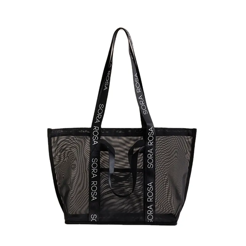 Özel baskılı kolları yeniden kullanılabilir özel naylon örgü askılı çanta Mesh alışveriş çantası file plaj çantası özel Logo ile