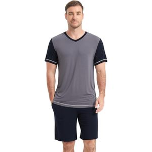 Pijamas para hombre de manga corta con cuello en V, ropa de dormir con pantalones cortos, conjunto de ropa de estar transpirable de algodón tejido y fibra de bambú. - Product Image 1