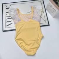 Mode filles jaune justaucorps pour Ballet danse fleur broderie haut bouffée manches courtes vêtements d'entraînement