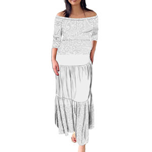 White Sunday One Shoulder Tiered Dress Ladies Anti-rughe 2/3 Sleeve Tapa Design polinesiano eleganti abiti da sera a coda di pesce - Product Image 4