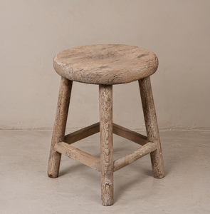Vintage Elm Wood <b>Stool</b> Rustic Round Seat Four Splayed Legs Farmhouse Side <b>Table</b> Pale Grey Brown Antique Furniture - Product Image 1