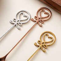 Cuillères à thé et fourchettes à dessert réutilisables en acier inoxydable poli miroir, motifs cœur et papillon, pour mariage et service de thé