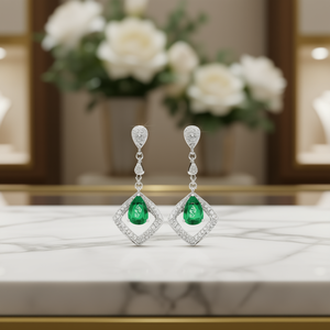 Orecchini pendenti con gemma verde E1792 per donna, design geometrico classico con diamanti taglio a pera, gioielli in lega per feste. - Product Image 2