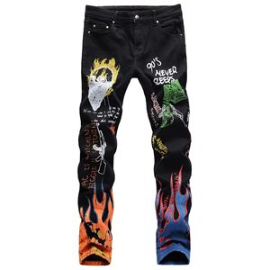 Vaqueros de mezclilla elásticos de corte bootcut ajustados para hombre, estilo urbano, de cintura media, lavado medio, con estampado de calavera, estilo urbano, para otoño. - Product Image 2