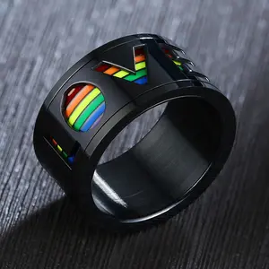 Cá Nhân Thép Không Gỉ Tình Yêu Men Cầu Vồng LGBT Pride Nhẫn Gay & Lesbian Spinner Nhẫn LGBT Wedding Engagement Nhẫn 7-12