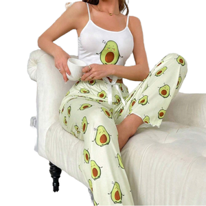 Elegantes Zweiteiliges Damen-Pyjama-Set mit Ärmellosem Oberteil und Langer Hose aus Weichem Stoff und Wellenförmiger Elastischer Taille für Sommer und Herbst - Product Image 1