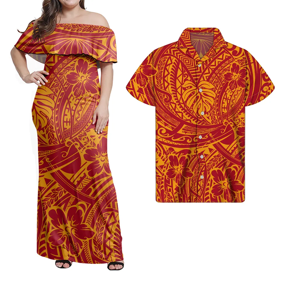 Oranje Polynesië Hawaii Tribal Ontwerp Gedrukt Vrouwelijke Lotus Strapless Jurk Met Mannen Shirt Mode Paar Kleding Grote Maat 5