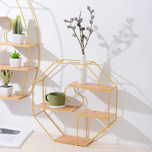 Gmart-estante de almacenamiento de exhibición hexagonal montado, marco de madera colgante de forma redonda, estante de madera, Metal, dorado, decoración flotante, estantes de pared - Product Image 2