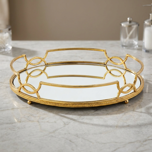 Plateau miroir en métal plaqué or, design géométrique Art Déco, pour un service élégant, plateau décoratif pour la maison, mariage, Diwali - Product Image 1