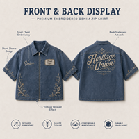 Chemise zippée vintage en jean bleu délavé, coupe ample, avec patch brodé, pour homme, style streetwear