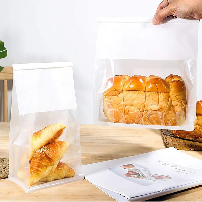 Özel beyaz anti-yağ baskı ön temizle pencere paket gıda kraft kağıt torba pişirme kalay kravat ile tost ekmeği ambalaj çanta