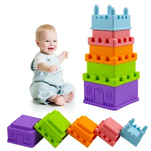 Brinquedo de empilhamento de silicone, brinquedo educativo de silicone para bebês, blocos de construção