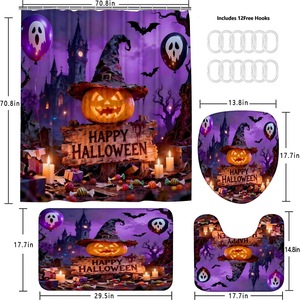 Cortina de Ducha de Poliéster con Diseño de Bruja y Calabaza Morada para Halloween, Cortina de Baño con Impresión Digital Personalizada, Impermeable, Venta al Por Mayor 2 - Product Image 3
