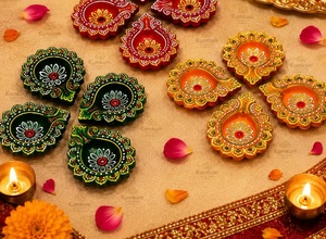 Juego de Diyas de Arcilla Hechos a Mano Kumkum para Diwali, Portavelas Decorativos Tradicionales en Colores Rojo, Verde y Naranja para Uso en Interiores - Product Image 5