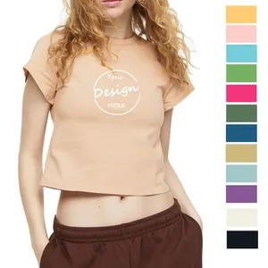 Personalizzato di alta qualità Sexy cotone pettinato Spandex Crop Top Baby Tee t-shirt serigrafia pianura rosa scatola Fit Crop Tshirt per le donne