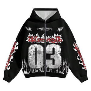 Sudadera con capucha y cremallera Y2K personalizada para hombre, estampado de llamas 'Strength' 03, estilo casual urbano, de manga larga, de poliéster tejido - Product Image 1