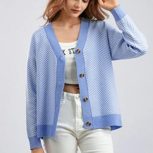 One Size Frühling und Herbst New Single Breasted Cardigan V-Ausschnitt Kontrast Loose Striped Sweater Langarm <span class=keywords><strong>Coat</strong></span> Top - Product Image 1