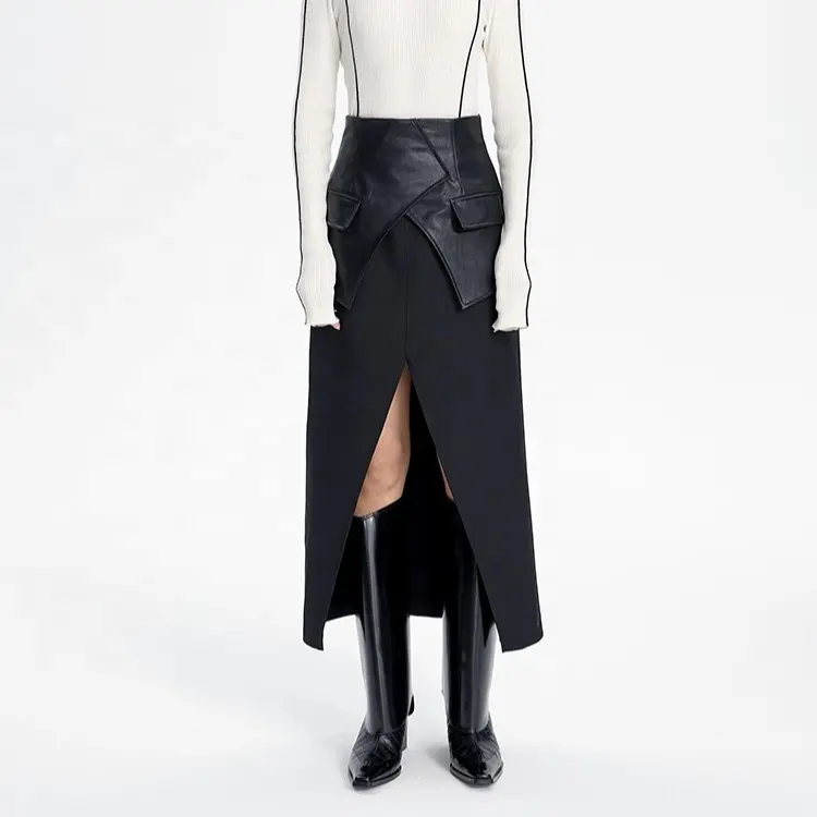 OUDINA New Stylish Spring High Waist Patchwork Casual Pu Leather Black Skirt Women Long Skirts