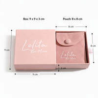 Boîte à bijoux rose de luxe avec logo personnalisé imprimé, pochette en microfibre assortie, fermeture à bouton, boîte cadeau avec tiroir