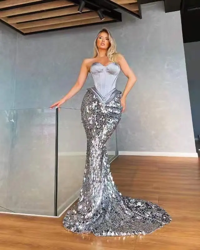 ED2154 Grace V boyun kolsuz Slim Fit saten ekleme korse Mermaid Sequins elbise gece elbisesi