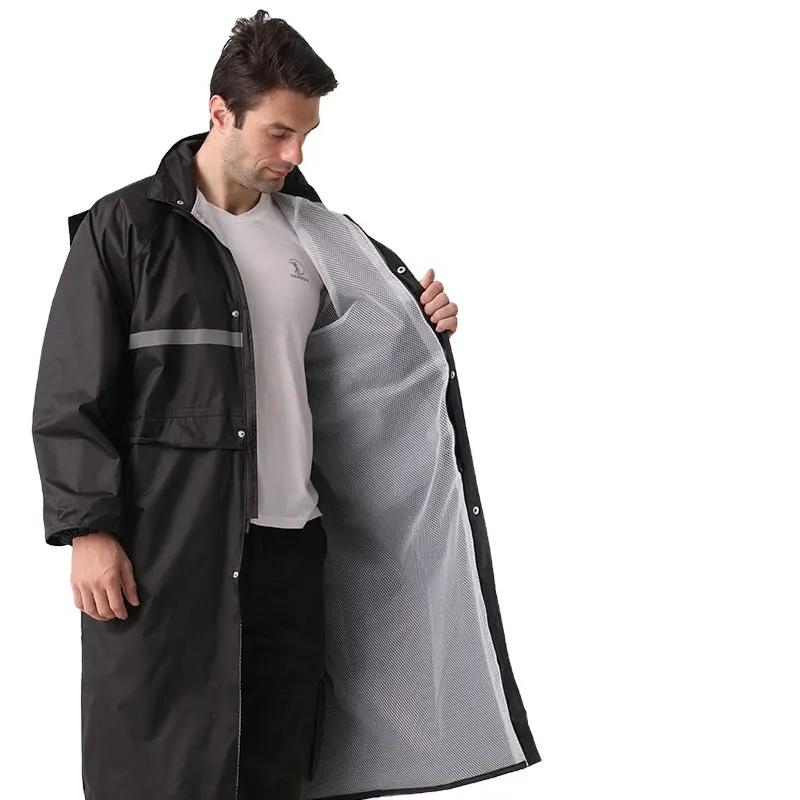 Imperméable épais long pour hommes imperméable noir mode adulte une pièce manteau de pluie salopette à capuche avec doublure en maille Poncho de pluie