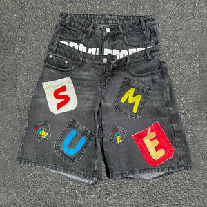 מכנסי ג'ינס קצרים לגברים בסגנון רחוב קיצי עם רקמת אותיות תלת-ממדית, היפ הופ, פאנק, ג'ינס שטוף חומצה, מותן כפול, בגזרה רחבה - Product Image 3