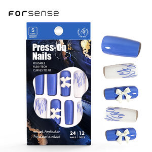 Vente en gros de faux ongles de luxe 3d faits à la main, fourniture de faux ongles longs et carrés avec nœuds, couleur bleu <span class=keywords><strong>royal</strong></span>, design flammé, pointes d'ongles - Product Image 1