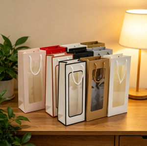 Sac fourre-tout de luxe en papier kraft avec fenêtre longue et transparente pour bouteille de vin unique – Emballage cadeau - Product Image 2