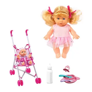 幸运玩具便宜9英寸娃娃带4声IC塑料儿童推车玩具婴儿推车奶瓶餐具