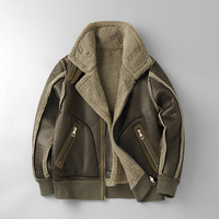Veste d'hiver en similicuir marron pour hommes, manteau en polaire doublé, blousons de moto en daim et laine d'agneau, blousons de bombardier High Street