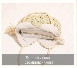 Sac de plage tressé en paille à grande capacité pour femme, avec fermeture éclair et pompon ajouré, vente en gros d'usine - Product Image 6