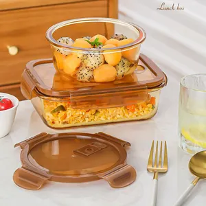 Airtight Eco-Friendly Heatable Glass Lunch Box Meal Prep 2 Compartment Amber Bento Lunch Box Glass Food Containers