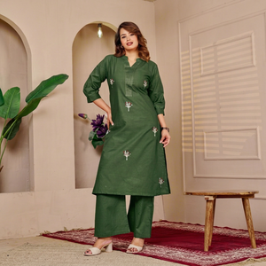 Kurti en voile de coton pur, ensemble Kurti et palazzo coupe trapèze, broderie au fil, ensemble de costume en coton pour femme, Kurti entièrement cousu, poche latérale - Product Image 1