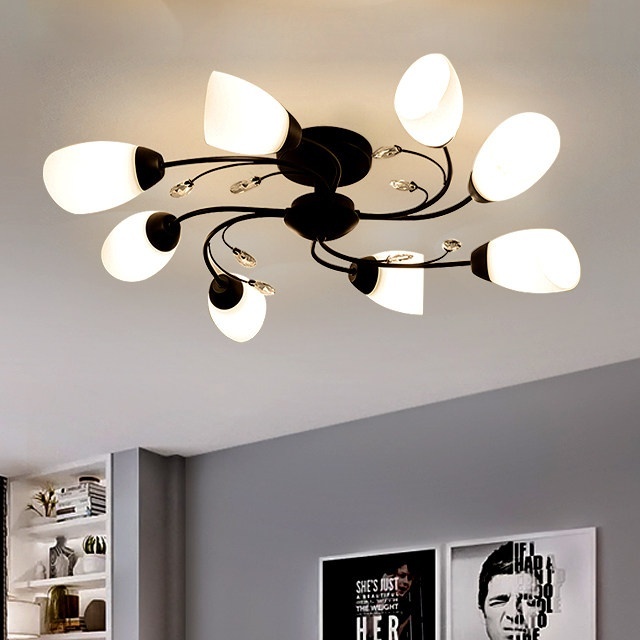 Nordic Crystal Ceiling Light for Living Room Dining Room-Modern Minimalist Design LED Iron Glass Construction 3-Color Light