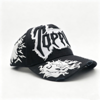 Casquette de camionneur personnalisée avec broderie 3D en relief, casquette de baseball vieillie avec patch effiloché, casquette snapback streetwear avec motif flamme du diable pour hommes