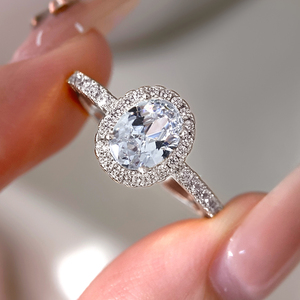 Bague de Fiançailles Classique Intemporelle avec Pierre Centrale Ovale et Halo, Bande Micro-Pavée en Zircon Cubique, Bague de Mariage Nuptiale, Cadeau en Gros - Product Image 4
