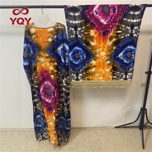 Nuevo Vestido Largo Talla Grande con Cuello <span class=keywords><strong>Barco</strong></span>, Adornos de Pedrería, Pañuelo para la Cabeza con Borlas, Túnica Fluida de Rayón Estampado Colorido - Product Image 3