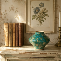 Vase décoratif en céramique marbrée émeraude, artisanal, style rustique et primitif, ornement d'intérieur