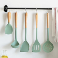 Ustensiles de cuisine en silicone de qualité alimentaire résistant aux hautes températures avec manche en bois, spatule et écumoire, accessoires de cuisson