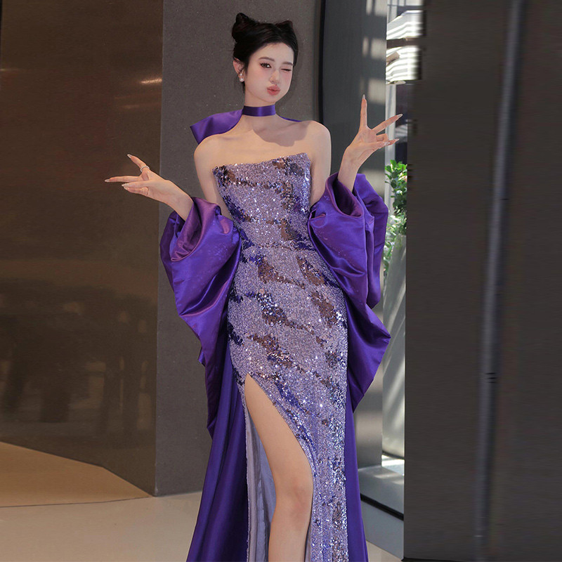 open lace back dress Royal Purple Evening Dresses Off Shoulder Beadings Mermaid Formal Celebrity  Gowns Side Split Party Dress (Color : D, Size : 20W) : Buy Online at Best  Price in KSA