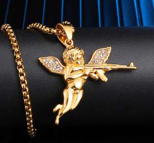 Collar de Cadena Cubana con Colgante de Ángel en Acero Inoxidable Dorado, Estilo Hip-hop <span class=keywords><strong>Rock</strong></span>, Guerra y Paz - Product Image 5