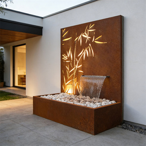 Fontaine en acier corten avec design en bambou, décoration de jardin extérieure, style rustique, rouge, rectangulaire, montage mural, style moderne - Product Image 3