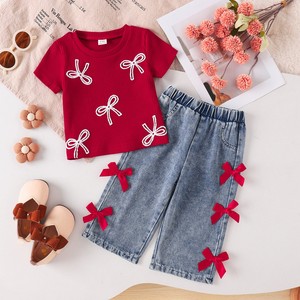 Conjunto de Verano para Niñas, Estilo Chic y Moderno, Camiseta de Algodón de Manga Corta con Estampado de Lazo y Pantalones a Juego, Éxito de Ventas en Europa y América - Product Image 1